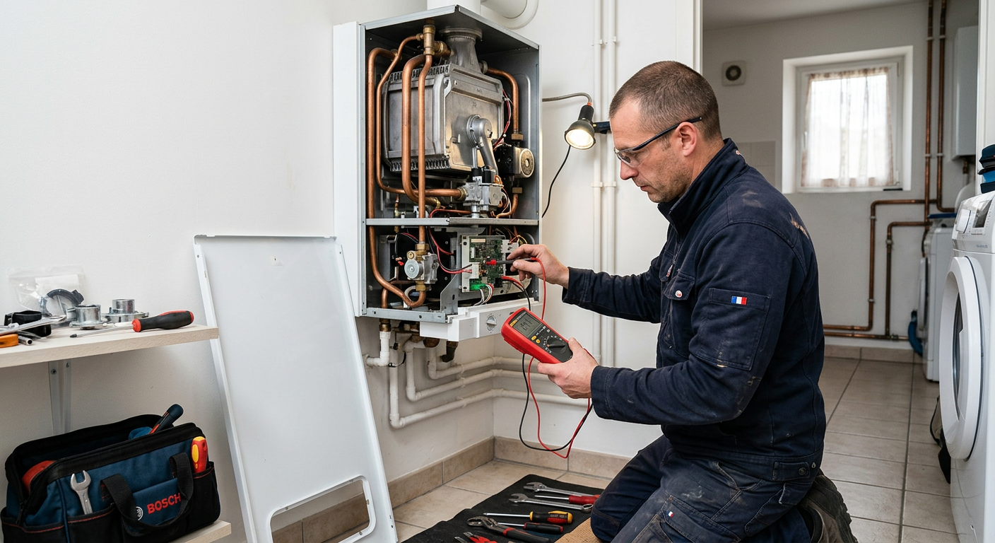 Chauffagiste réparant une chaudière gaz murale à Palaiseau 91
