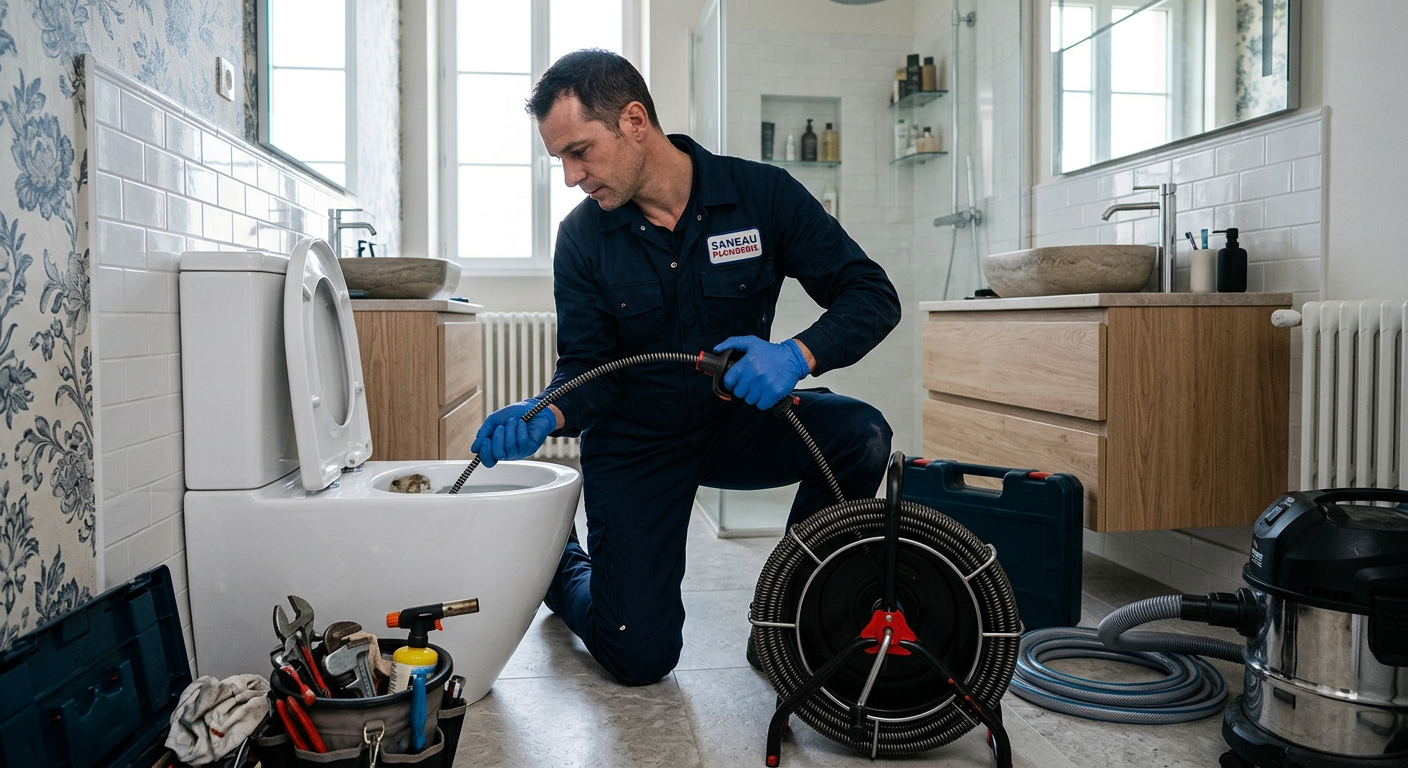 Plombier débouchant des WC au furet électrique à Palaiseau 91